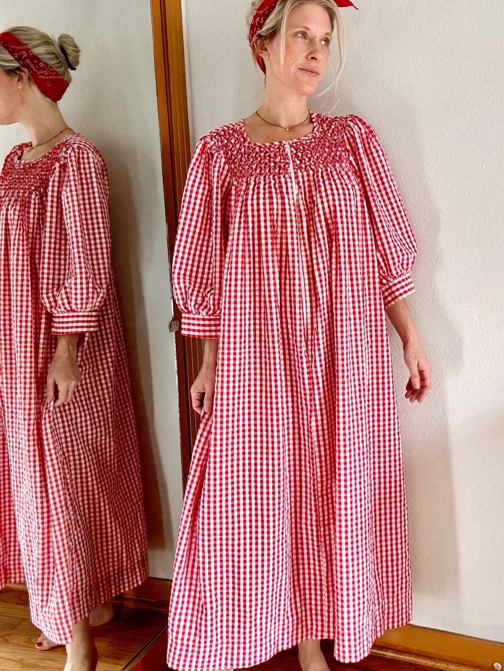 Vintage Red Gingham Smocked Maxi Dress XL Puff Sleeve 70s Cottage Patio Prairie